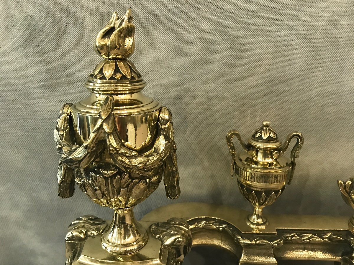 Chenets En Bronze Poli D’époque Fin 18 ème Gros Modèle Façade -photo-5