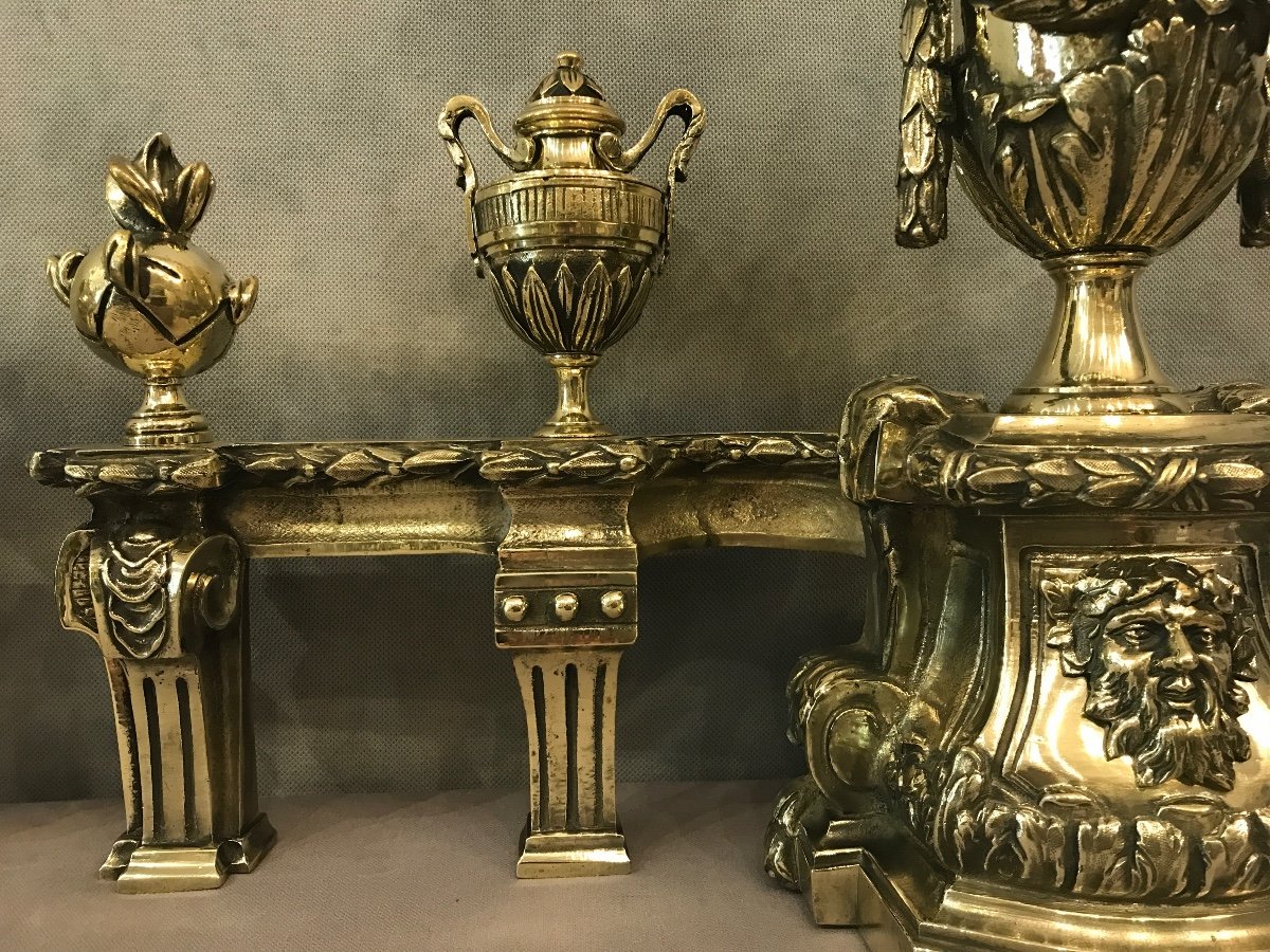 Chenets En Bronze Poli D’époque Fin 18 ème Gros Modèle Façade -photo-6