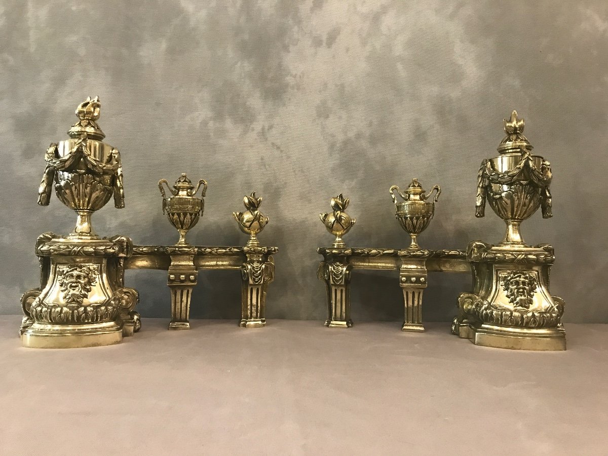 Chenets En Bronze Poli D’époque Fin 18 ème Gros Modèle Façade 