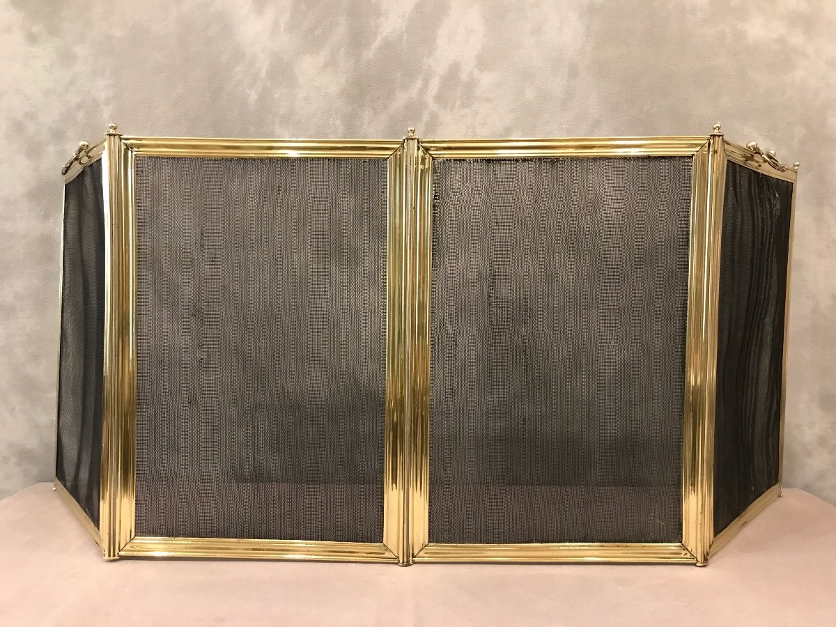 Old Fireplace Fire Screen In Brass From The 19th Century-photo-2