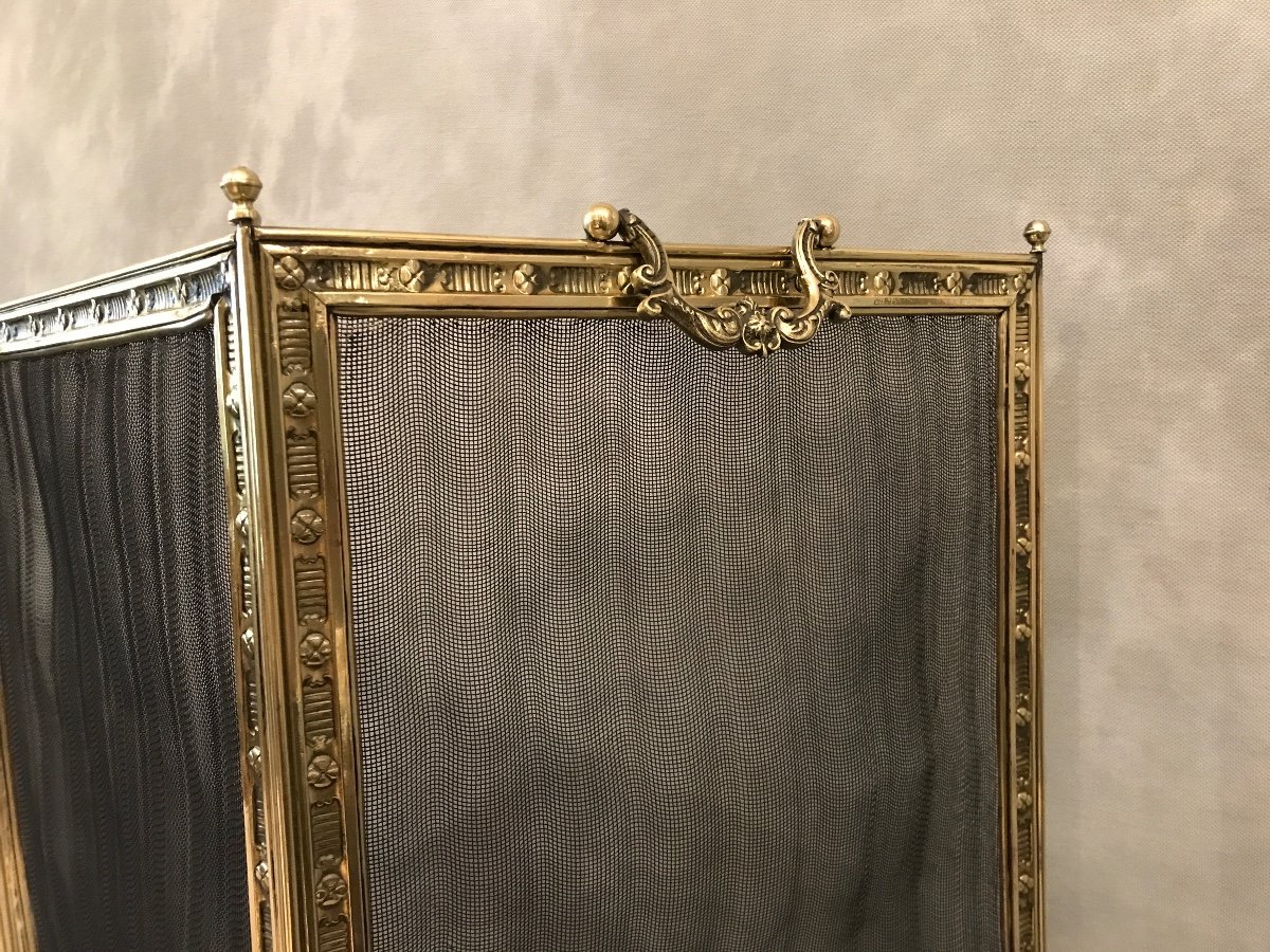 Antique Fireplace Screen In Polished Brass And Varnish From The 19th Century-photo-3