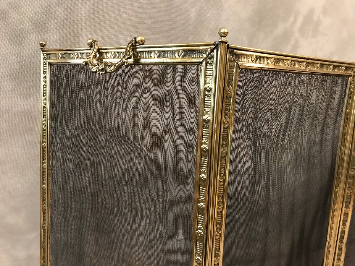 Antique Fireplace Screen In Polished Brass And Varnish From The 19th Century-photo-4