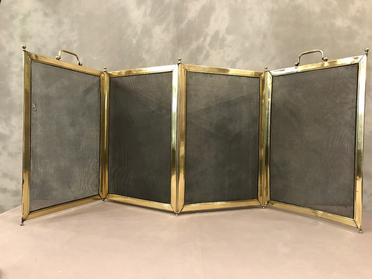 Antique Fireplace Screen In Polished Brass And Varnish From The 19th Century-photo-1