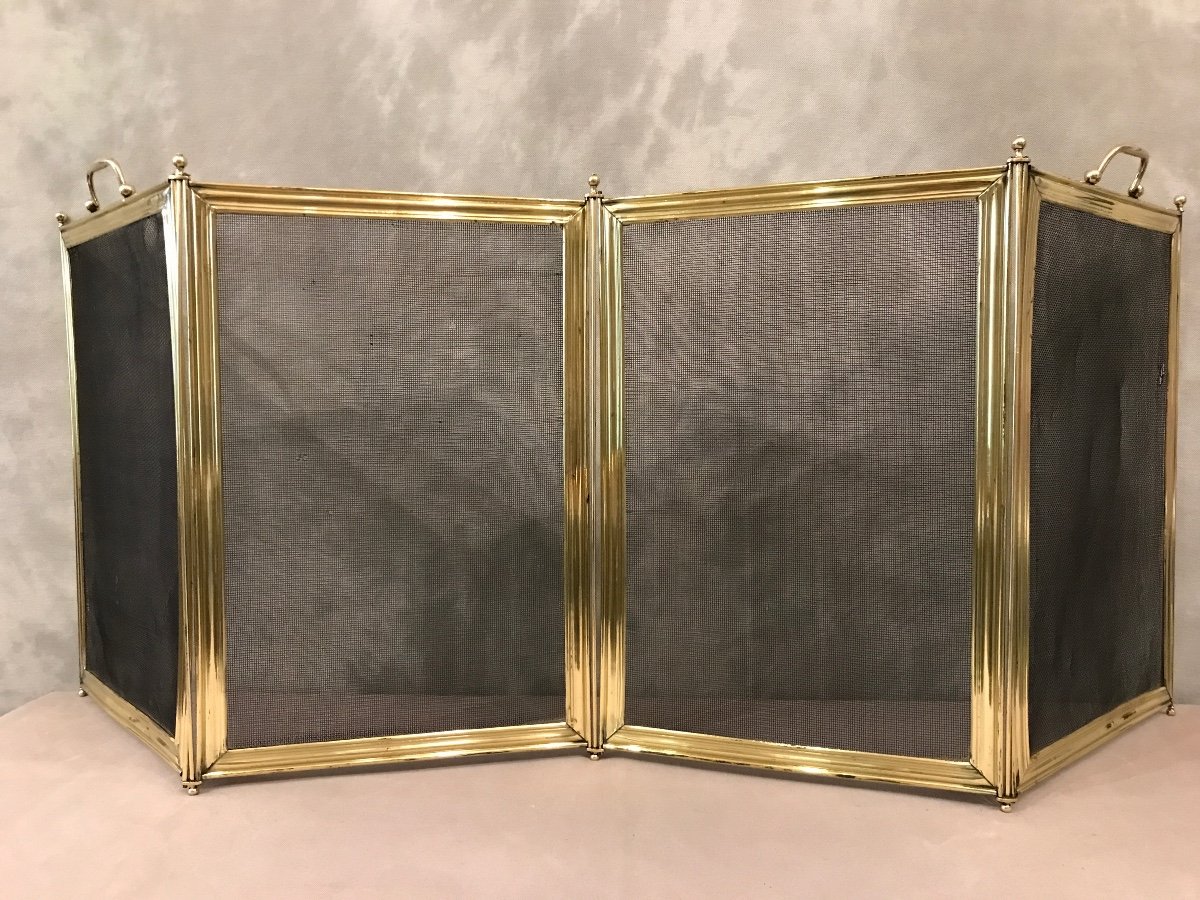 Antique Fireplace Screen In Polished Brass And Varnish From The 19th Century