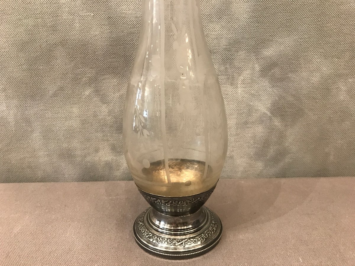 Vase En Cristal Gravé Et Pied En Argent Massif D’époque Fin 19 ème-photo-3