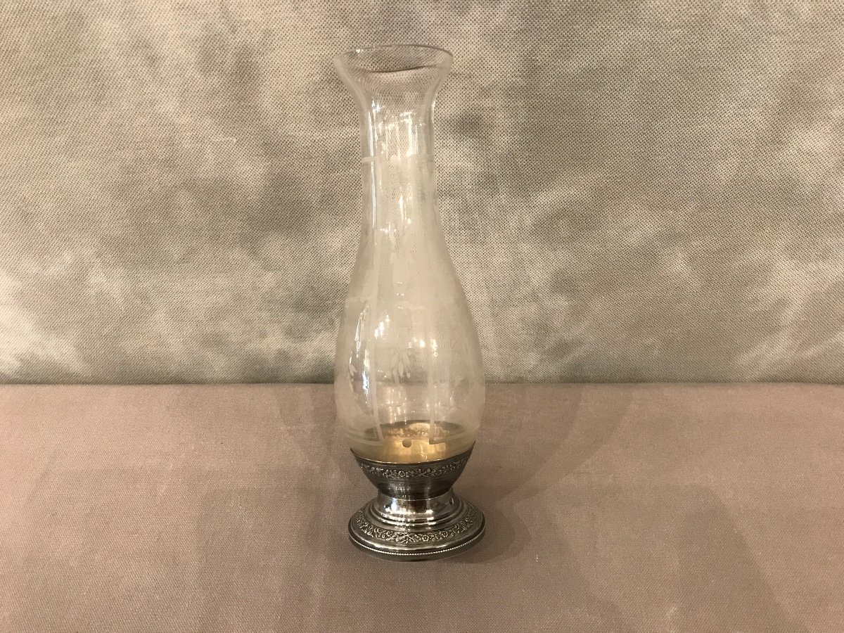 Vase En Cristal Gravé Et Pied En Argent Massif D’époque Fin 19 ème-photo-4