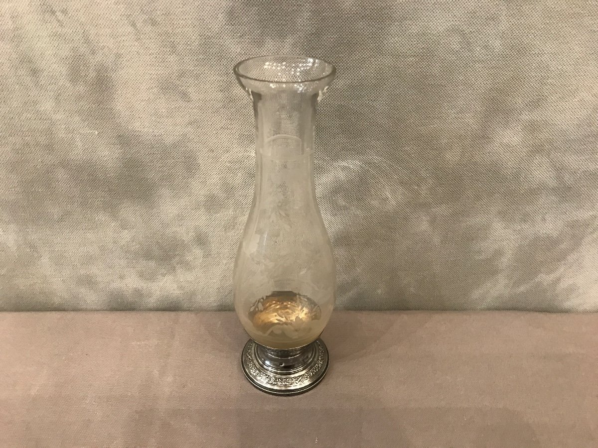 Vase En Cristal Gravé Et Pied En Argent Massif D’époque Fin 19 ème-photo-2