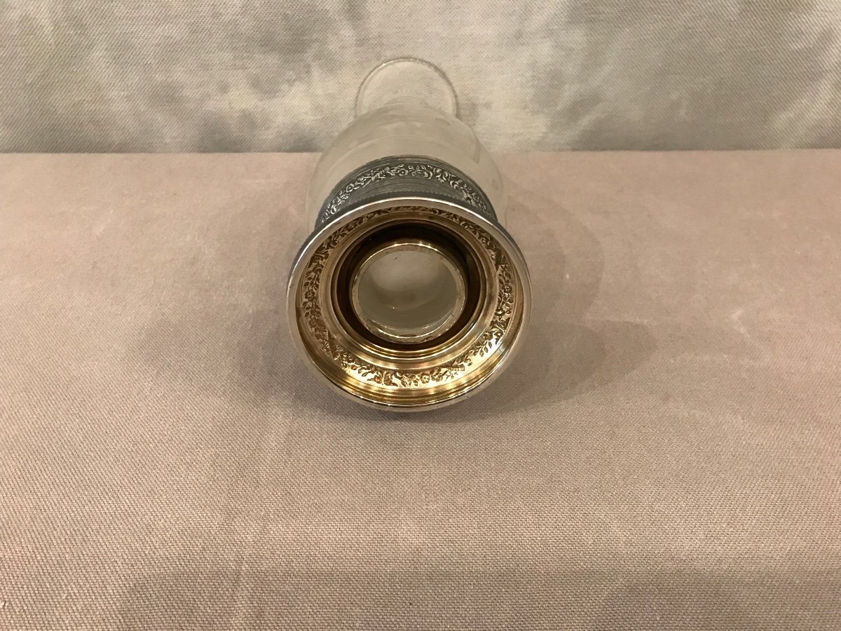 Vase En Cristal Gravé Et Pied En Argent Massif D’époque Fin 19 ème-photo-3
