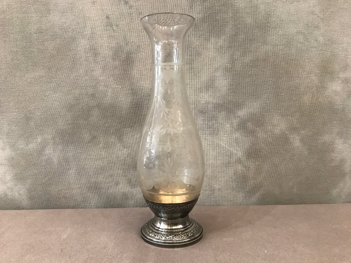 Vase En Cristal Gravé Et Pied En Argent Massif D’époque Fin 19 ème