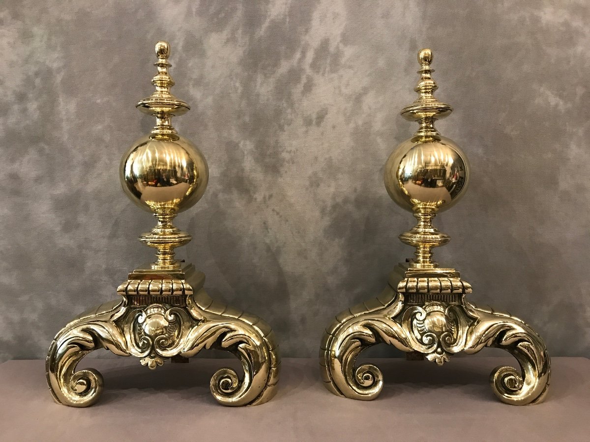 Important Andirons In Brass From The 19th Time Dutch Model