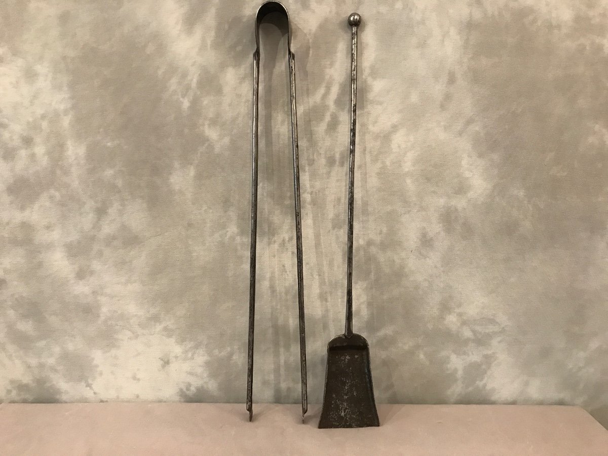 Large Set Of A Wrought Iron Shovel And Tongs From The 18th Century