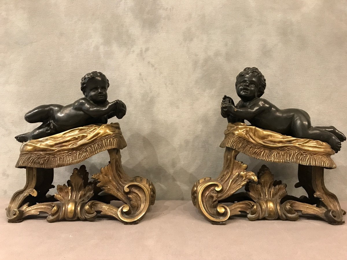 Beautiful Andirons In Gilded Bronze And Patinated Bronze From The 19th Century-photo-2