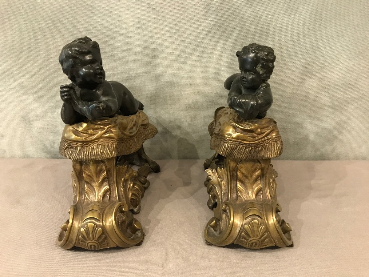 Beaux Chenets En Bronze Dorés Et Bronze Patinés D’époque 19ème -photo-2