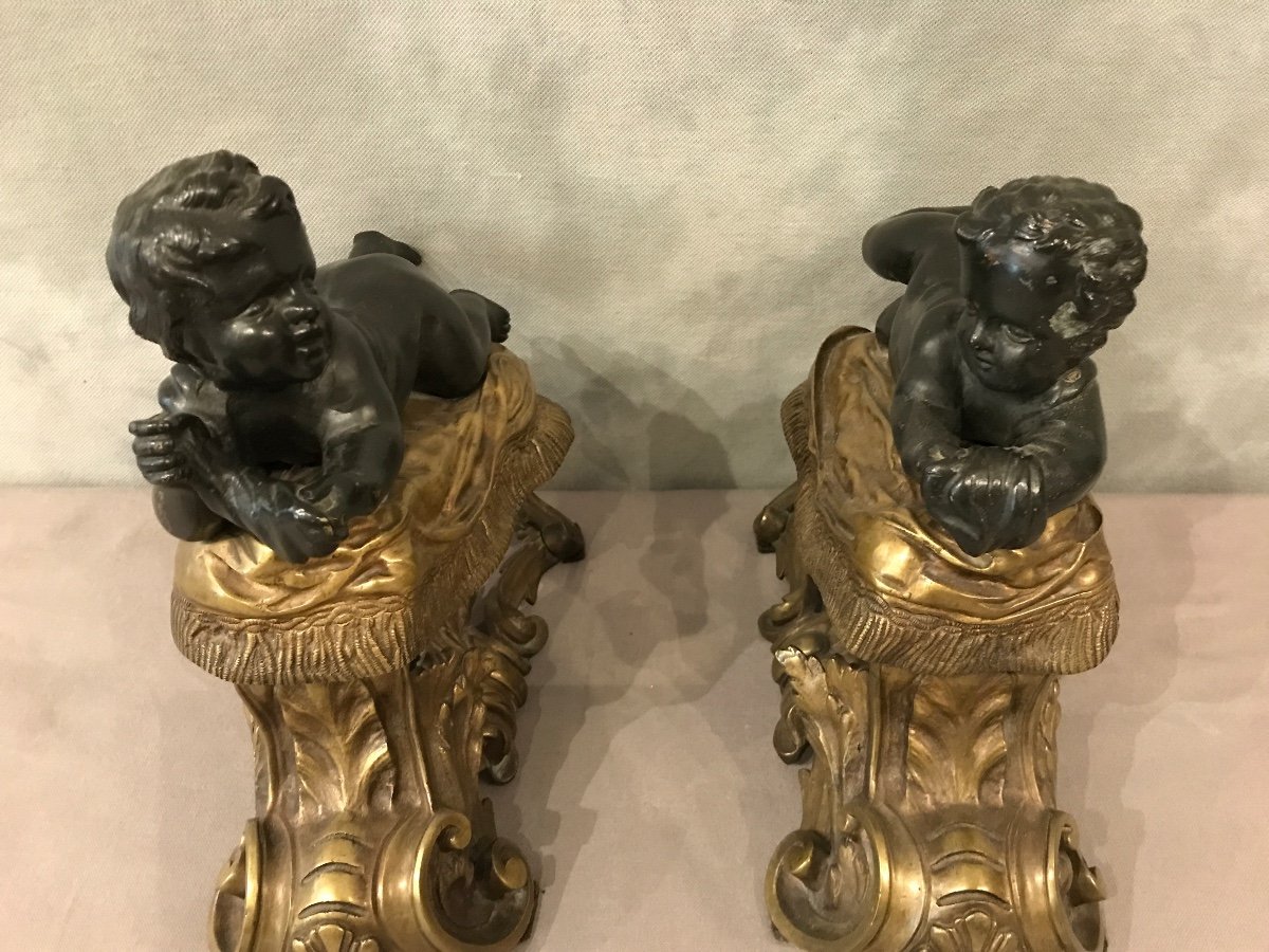 Beautiful Andirons In Gilded Bronze And Patinated Bronze From The 19th Century-photo-3