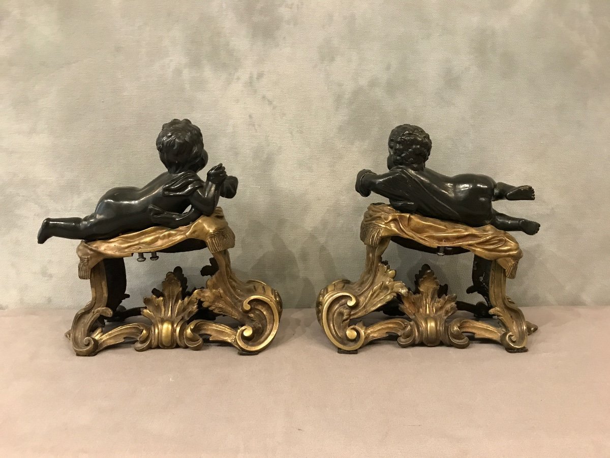 Beautiful Andirons In Gilded Bronze And Patinated Bronze From The 19th Century-photo-4