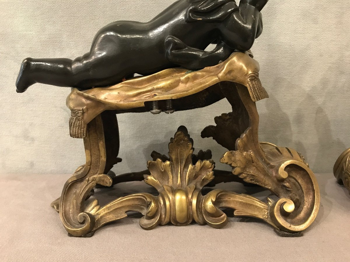 Beautiful Andirons In Gilded Bronze And Patinated Bronze From The 19th Century-photo-6