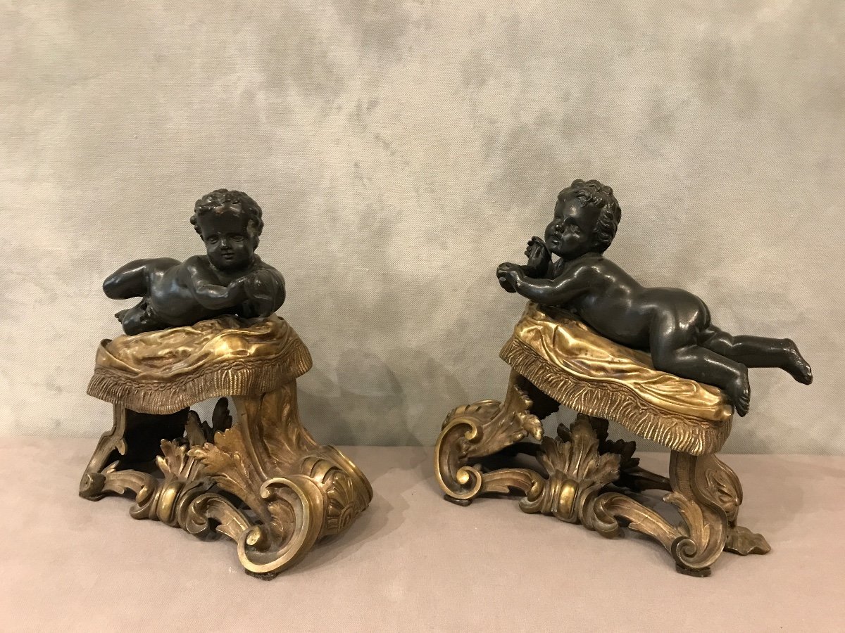 Beautiful Andirons In Gilded Bronze And Patinated Bronze From The 19th Century