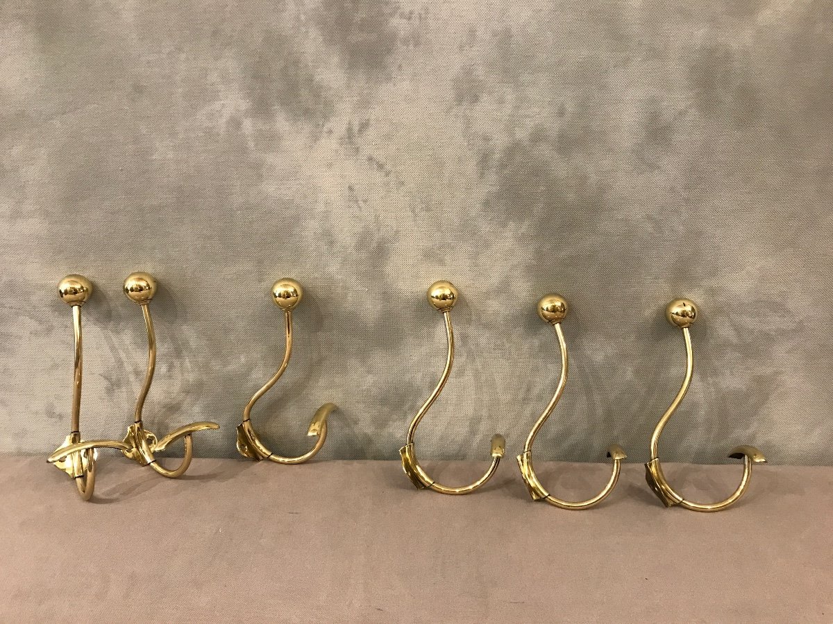 Set Of 6 Coat Hooks, 19th Century Brass Coat Rack Louis Philippe-photo-2