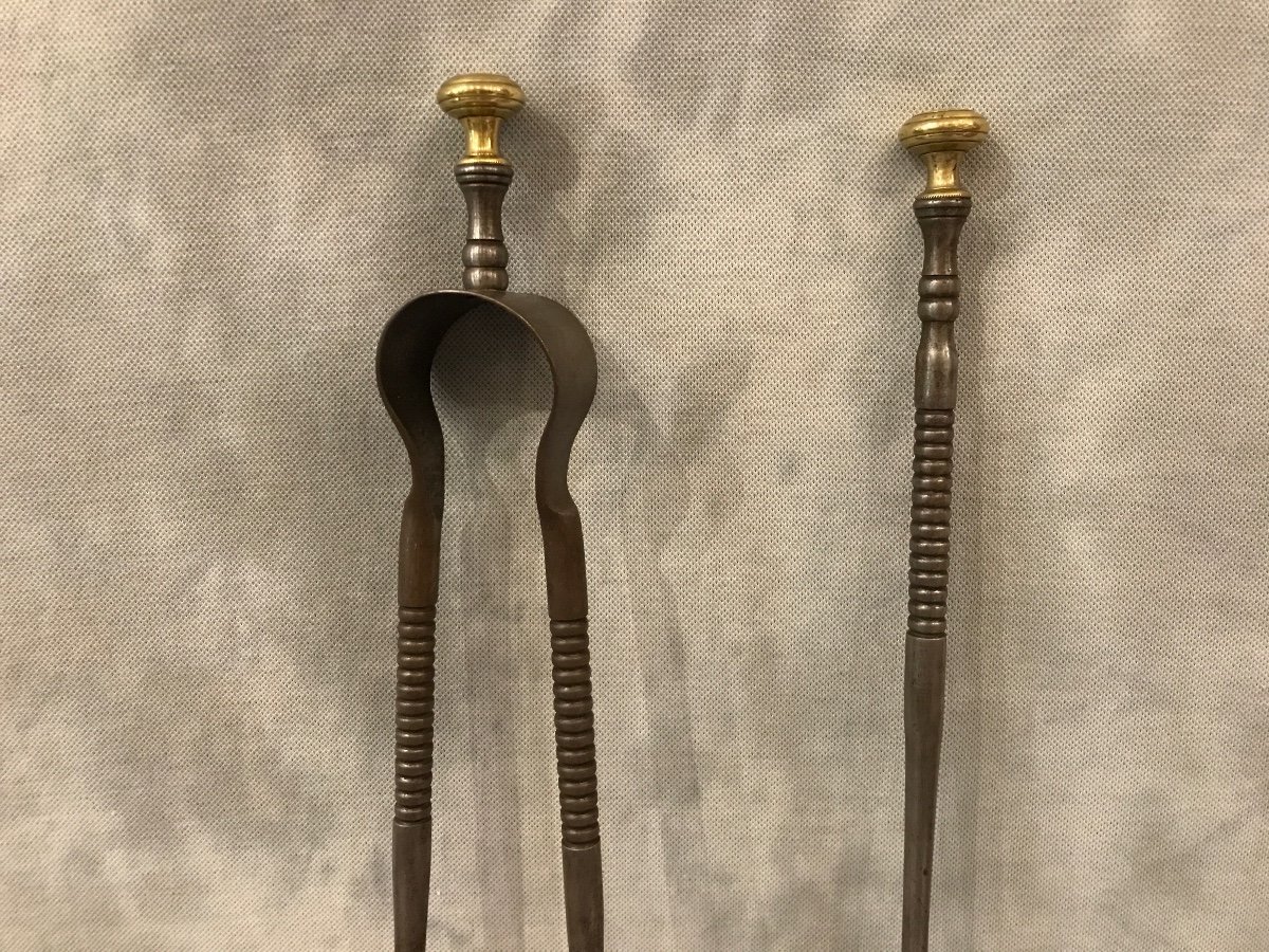 Set Of A Shovel And Tongs In Iron And Brass From The 19th Century-photo-2