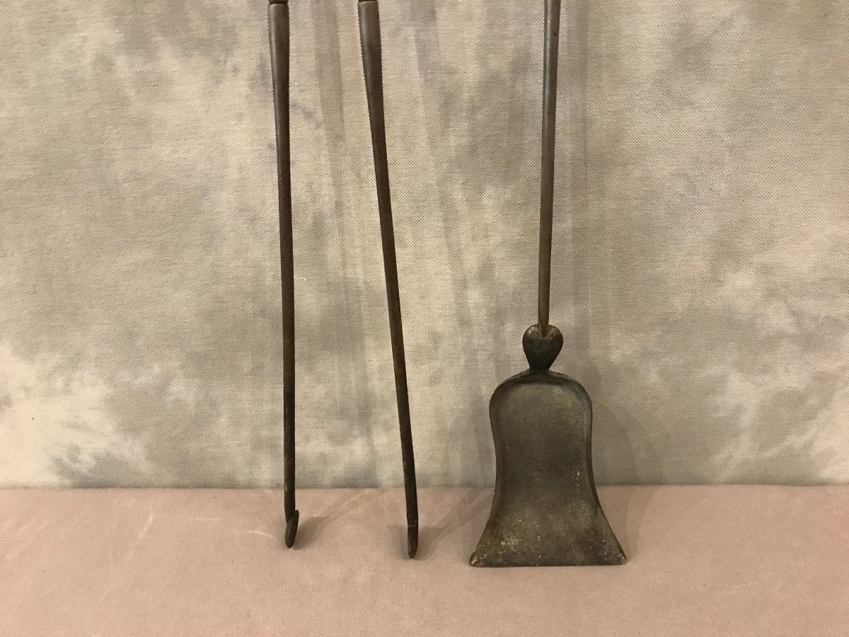 Set Of A Shovel And Tongs In Iron And Brass From The 19th Century-photo-3