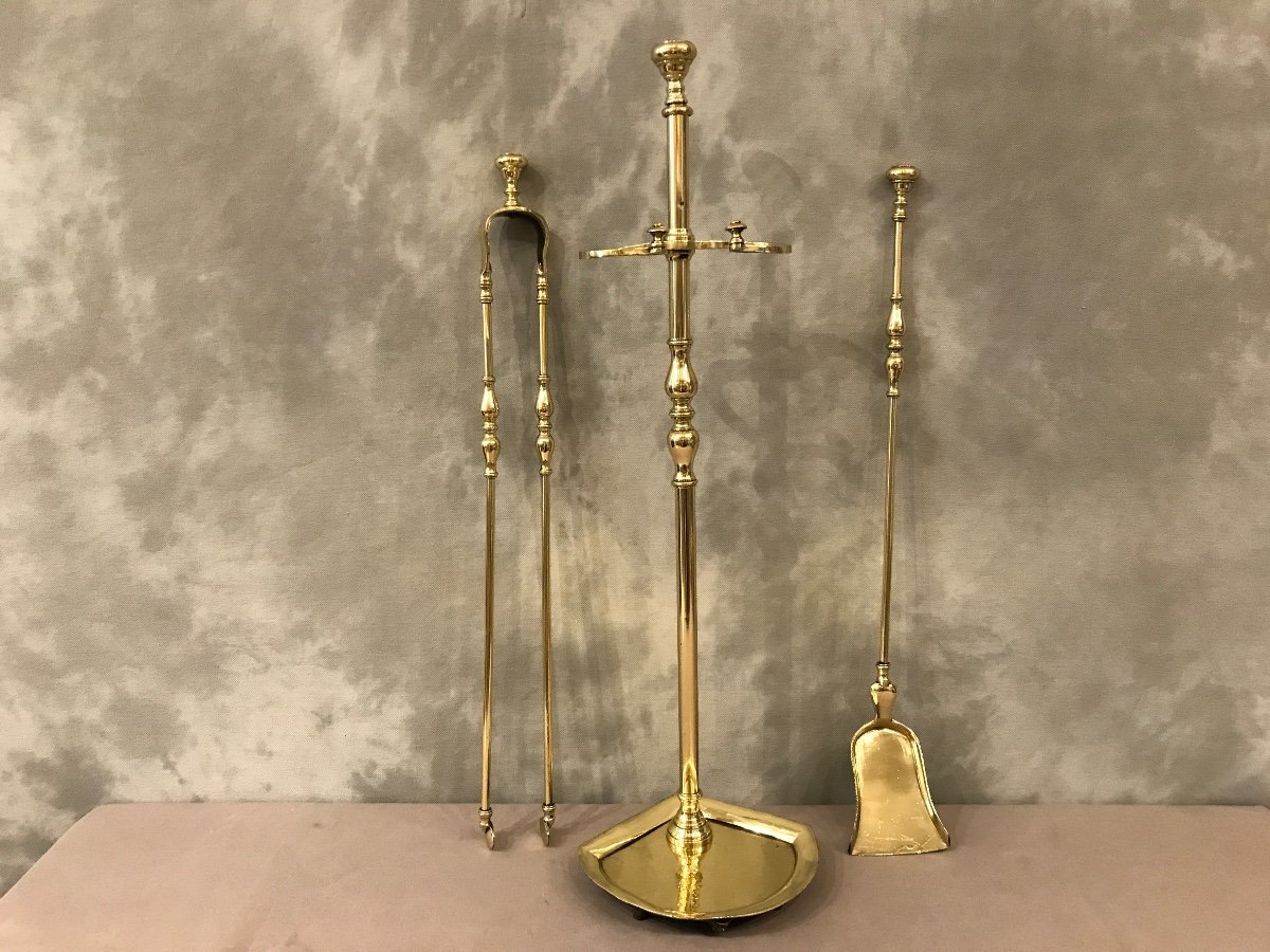 Antique 19th Century Brass Fireplace Servant With Shovel And Tongs -photo-3
