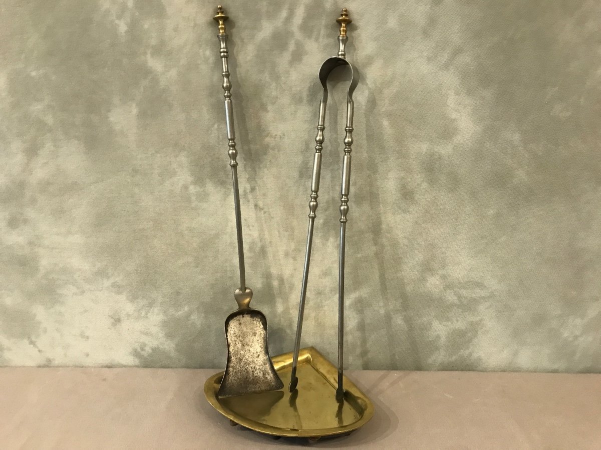 Fireplace Corner Rests Shovel And Tongs In Brass From 19th Century Louis Philippe -photo-1