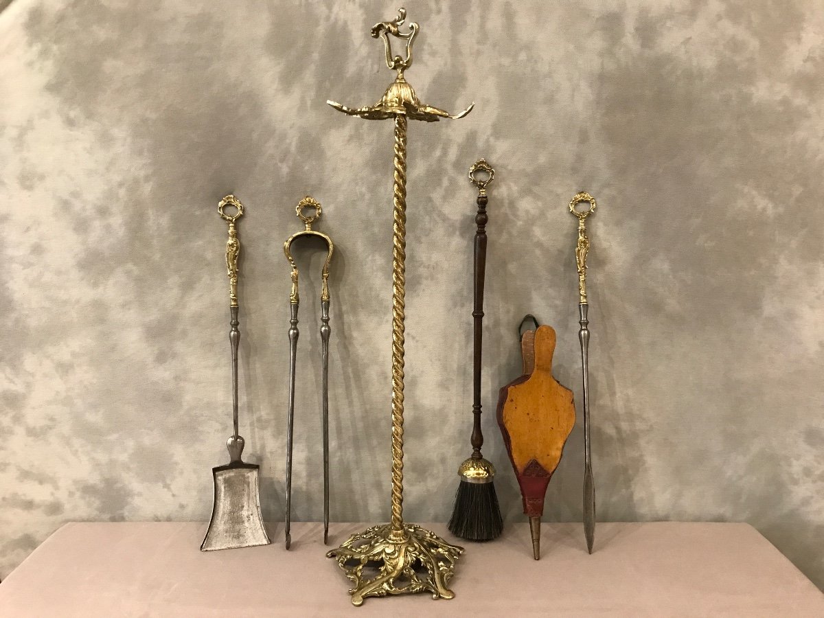 Antique Fireplace Servant In Bronze And Iron From The 19th Century Including 5 Pieces -photo-2