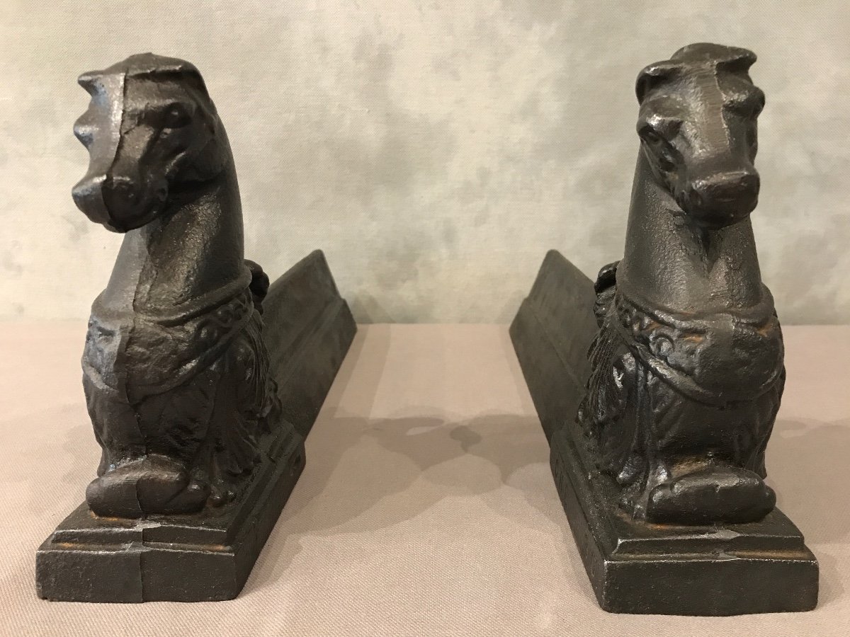 Pair Of Cast Iron Andirons Representing Horses Late 19th Century -photo-2