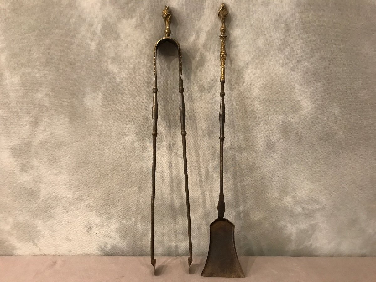 Set Of A 19th Century Iron And Bronze Shovel And Tongs 