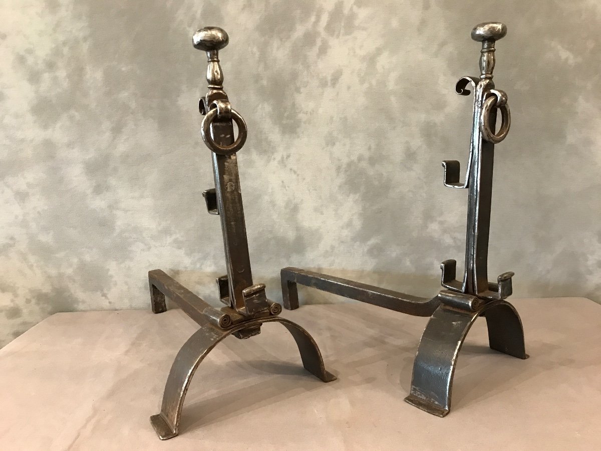 Pair Of Wrought Iron Andirons From 18th Century Robust Model -photo-1
