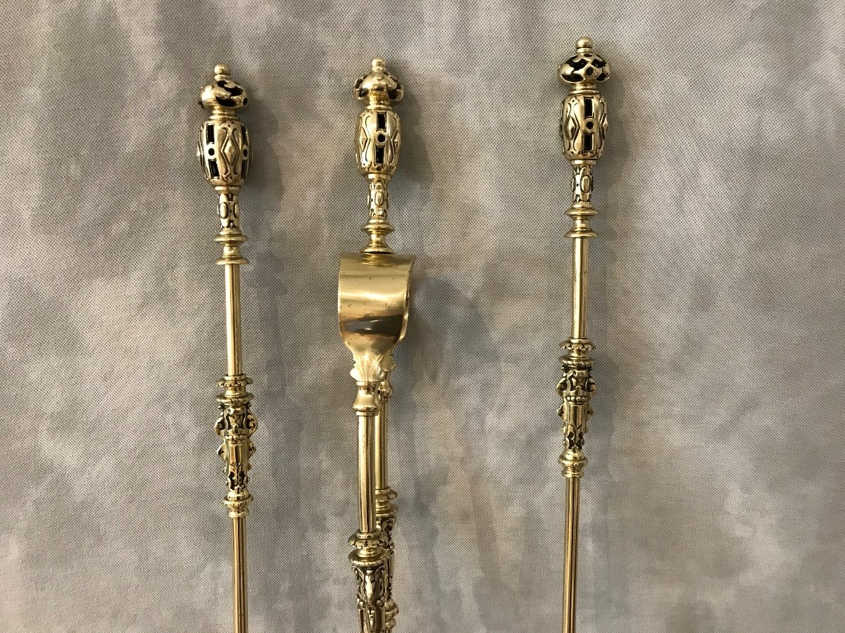 Ensemble De 3 Pièces De Cheminée En Laiton D’époque 19 ème -photo-2