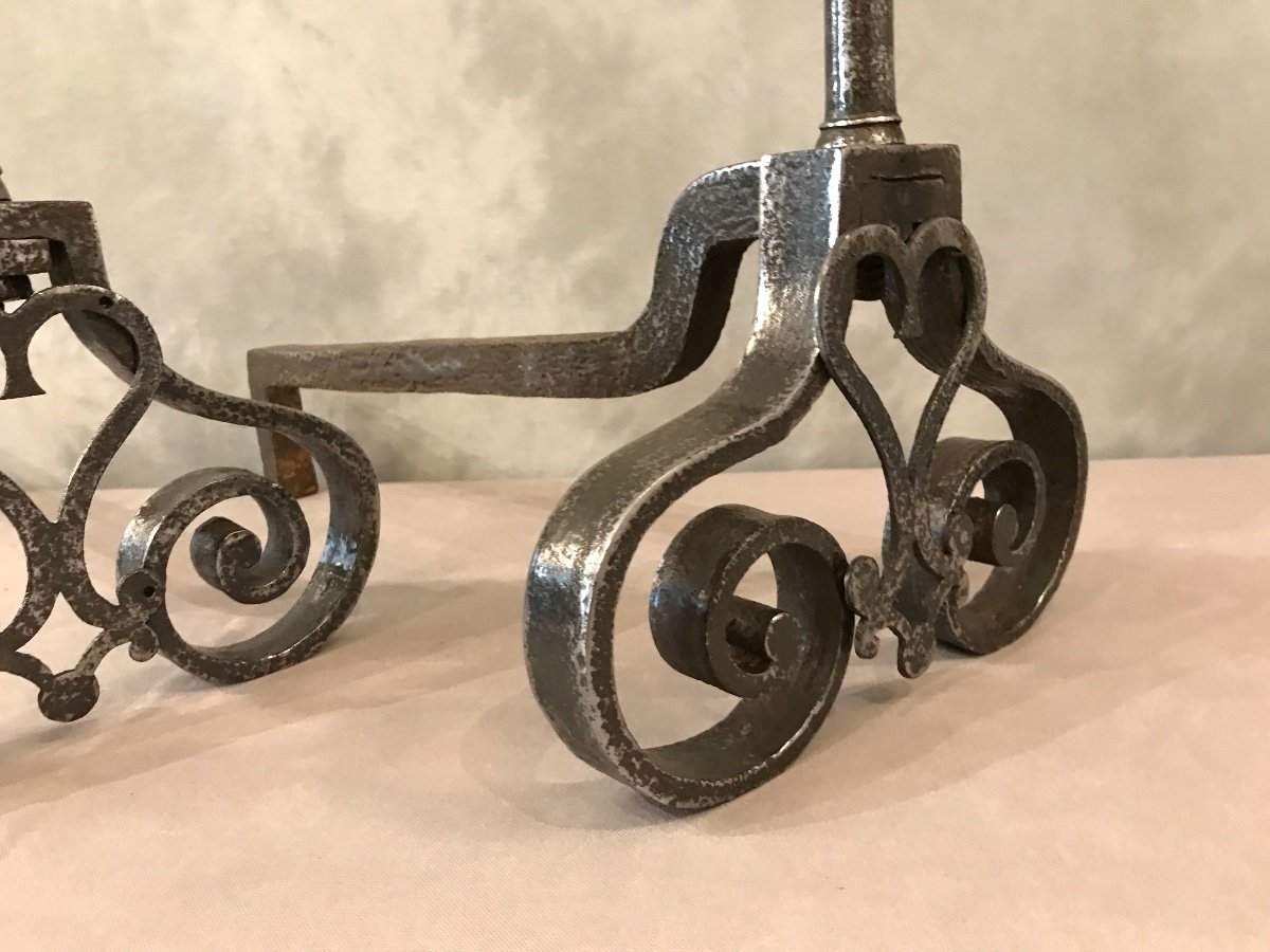 Importants Chenets Anciens En Fer Forgé D’époque 18 ème -photo-2