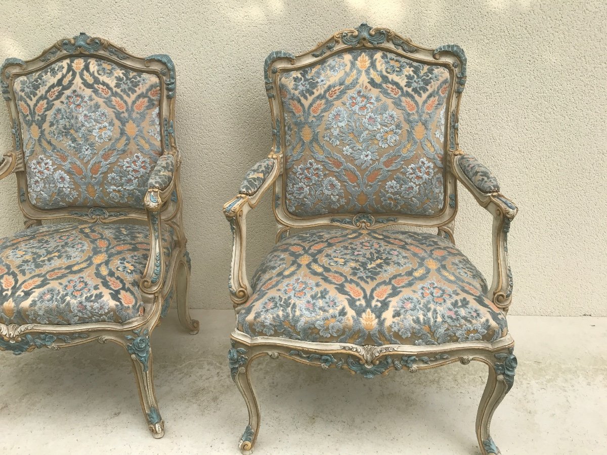 Pair Of Louis XV Style Lacquered Wood Armchairs, 20th Century -photo-2