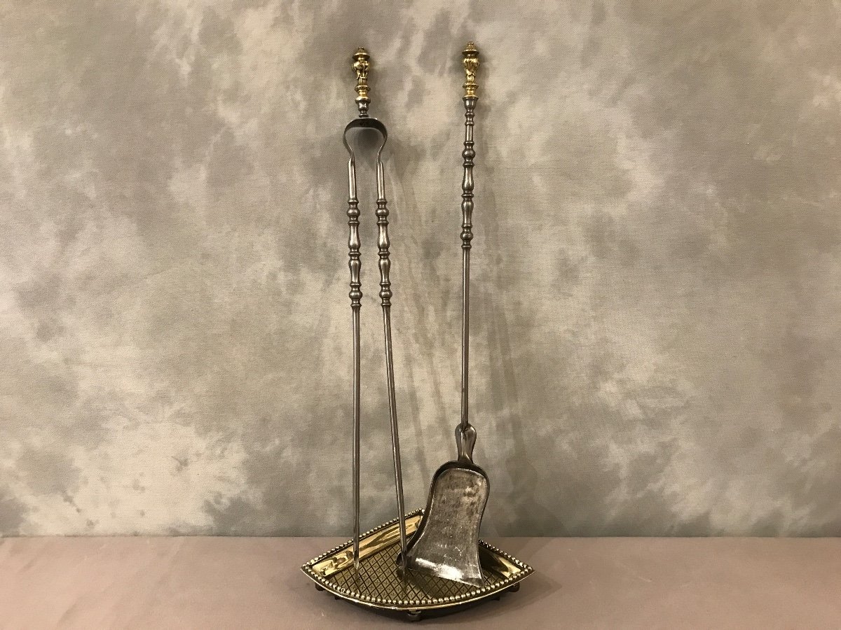 Cendrier De Cheminée, Coin Repose Pelle Et Pince En Bronze D’époque 19 ème -photo-4