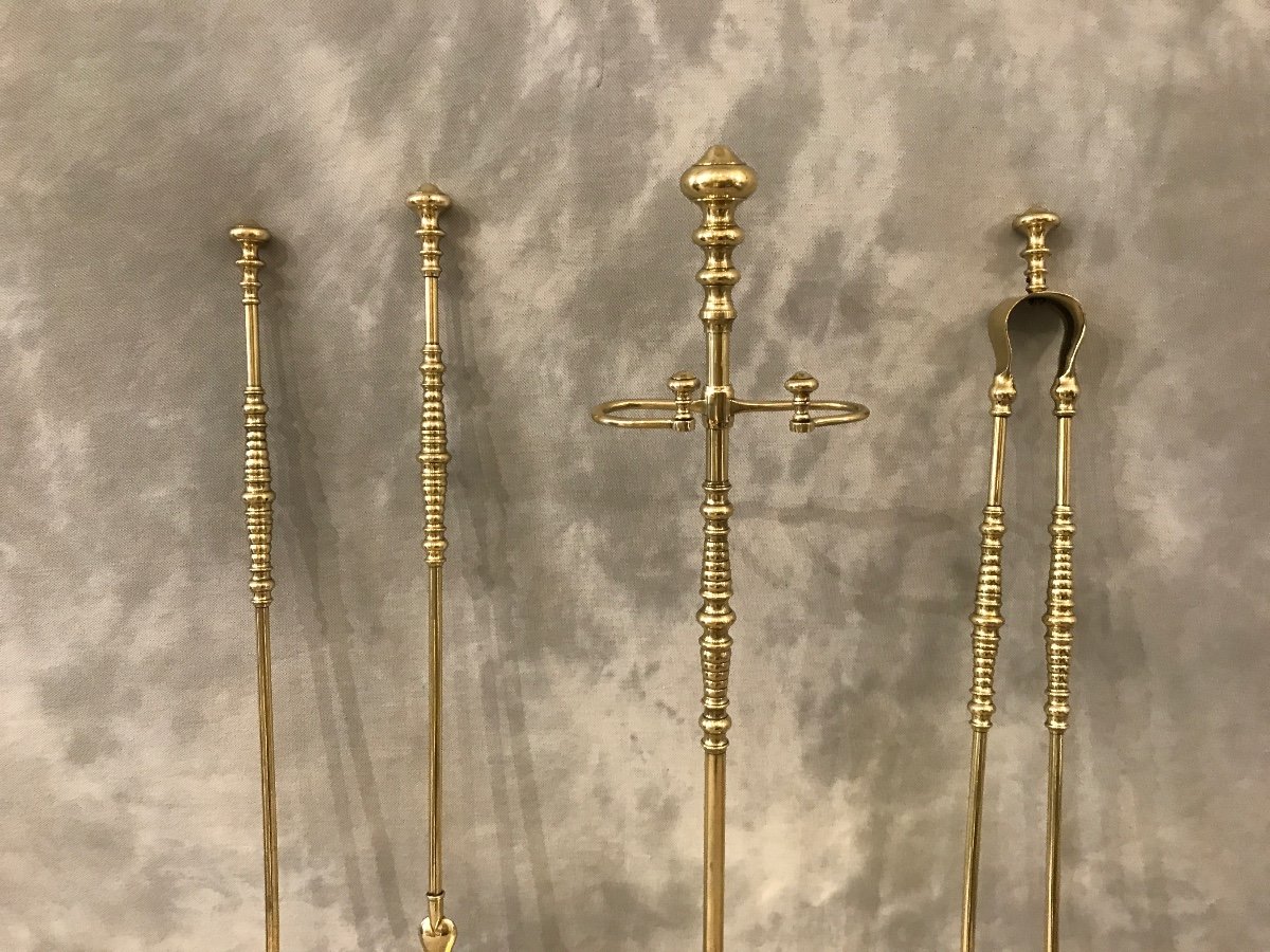 Serviteur De Cheminée Ancien En Laiton 3 Pièces D’époque 19 ème -photo-1