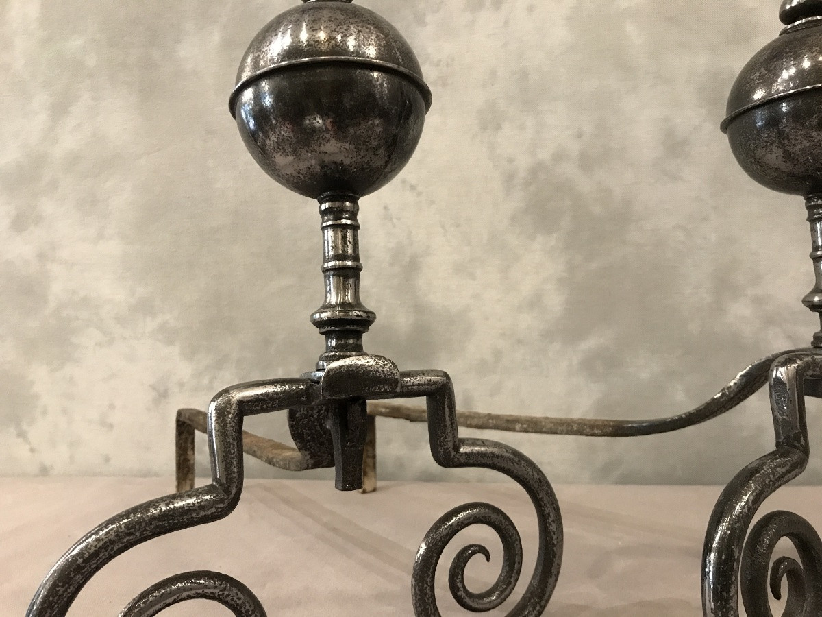 Pair Of Antique Wrought Iron Andirons From The 18th Century -photo-1
