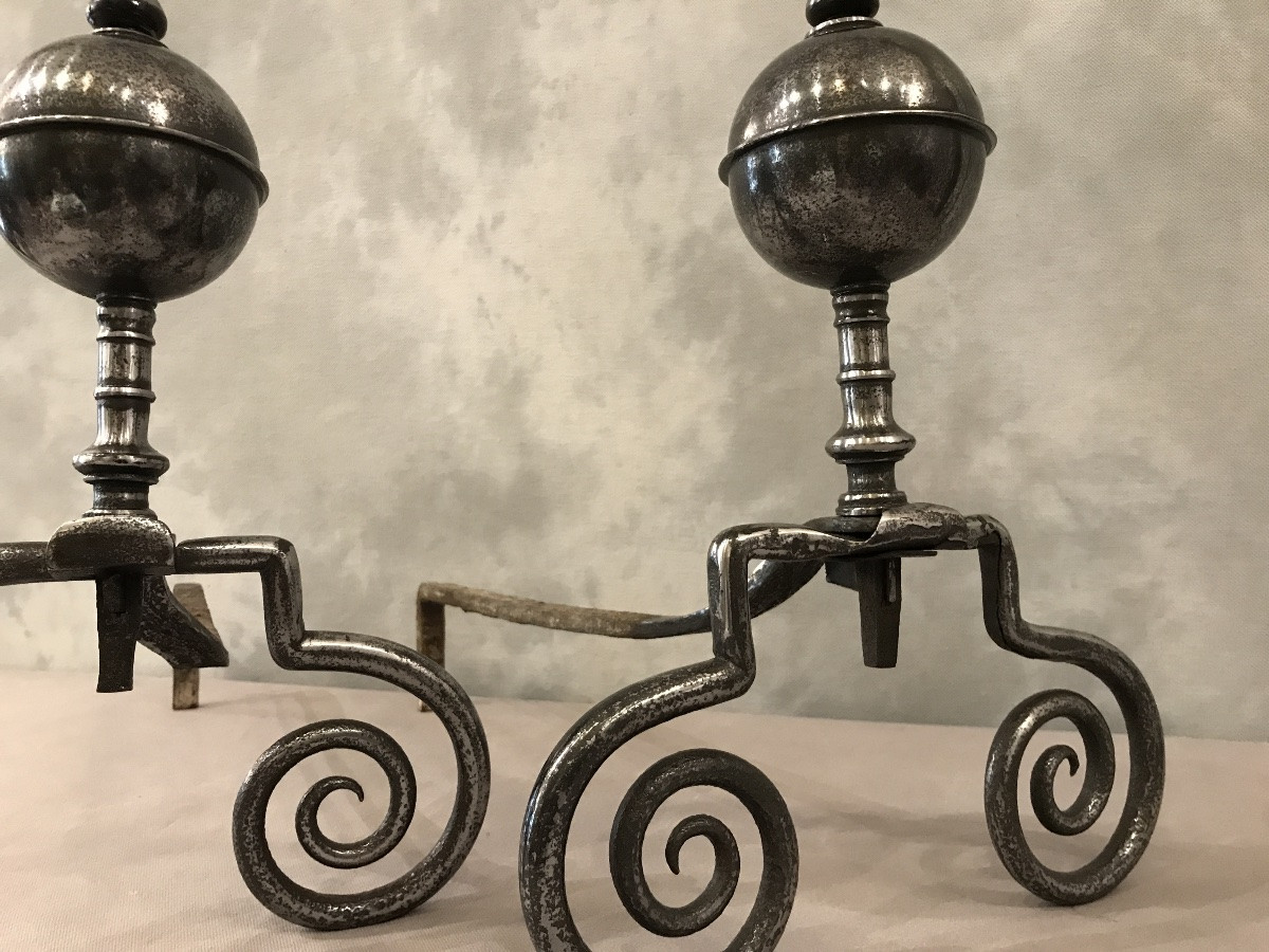 Pair Of Antique Wrought Iron Andirons From The 18th Century -photo-2