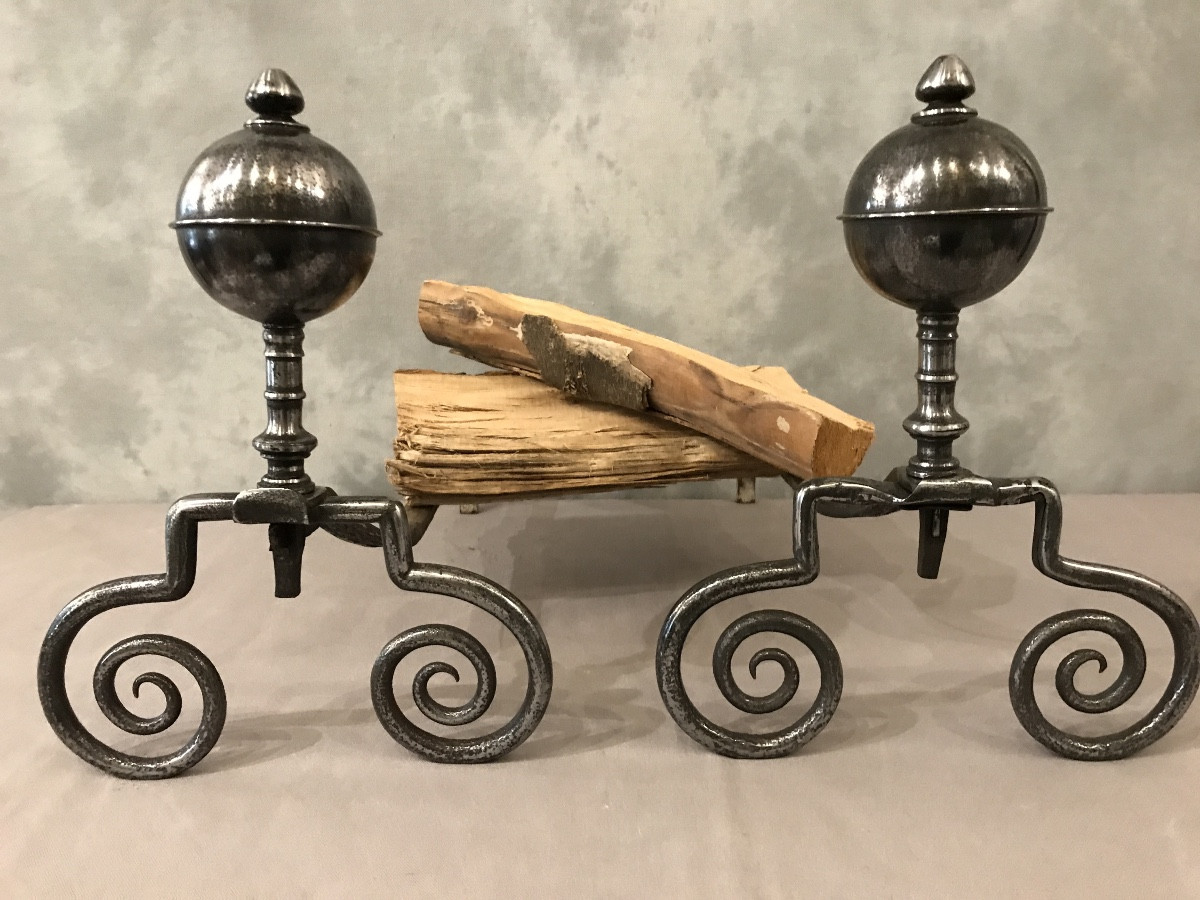 Pair Of Antique Wrought Iron Andirons From The 18th Century 