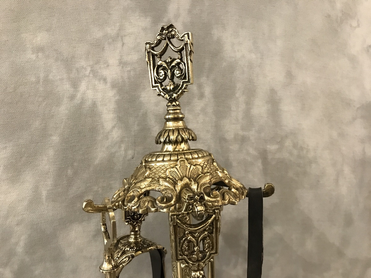 Serviteur De Cheminée Ancien 5 Pièces En Bronze Et Laiton D’époque 19ème -photo-4