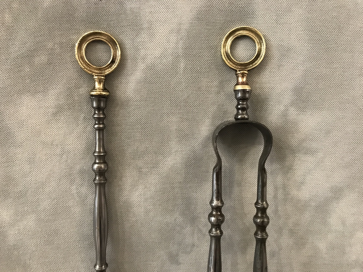 Ensemble D’une Pelle Et D’une Pince De Cheminée En Fer Et Bronze D’époque 19 ème -photo-2