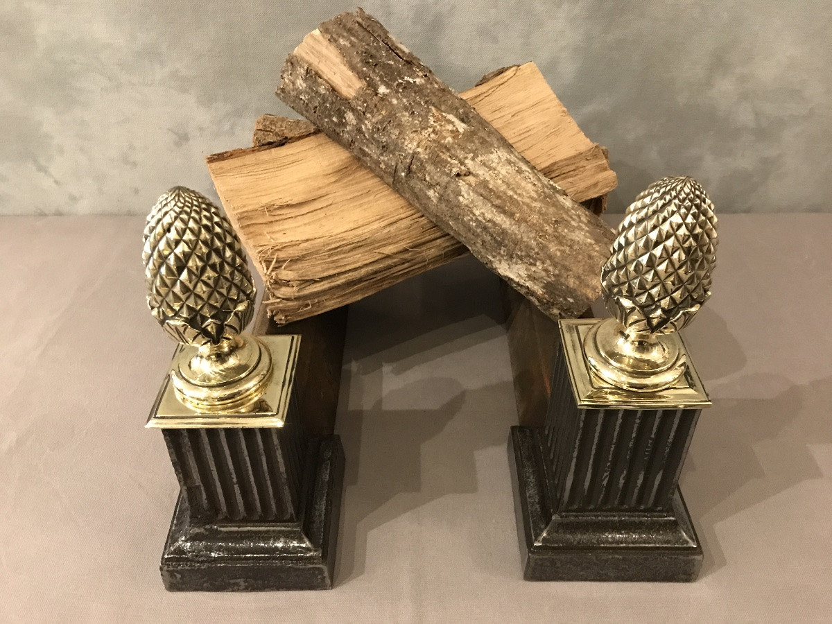 Pair Of Cast Iron And Bronze Andirons From The 19th Century -photo-2