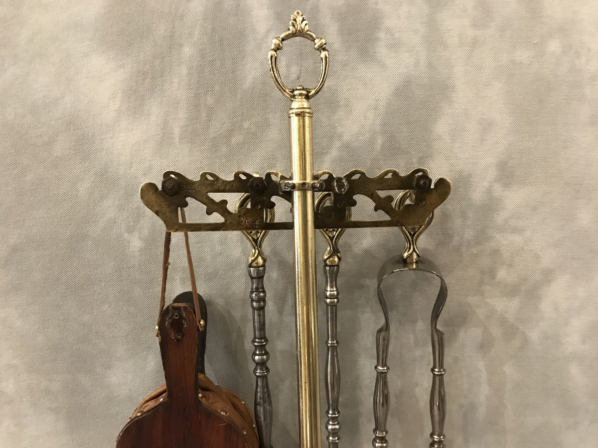 Antique Fireplace Set Comprising 4 Pieces In Brass And Iron From The Late 19th Century. -photo-4