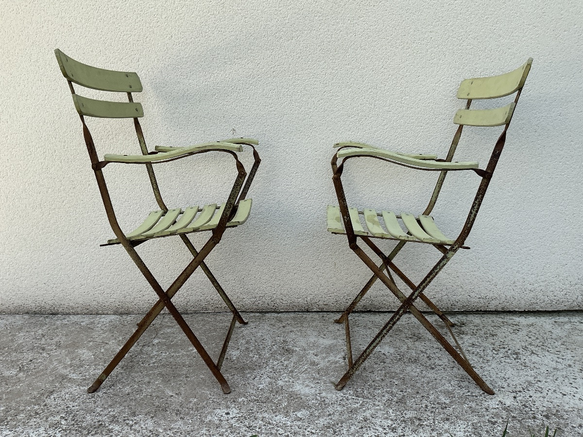Paire de fauteuils de jardin pliable en fer et bois vers 1950 ( par paire ou par  lot de 9)-photo-3