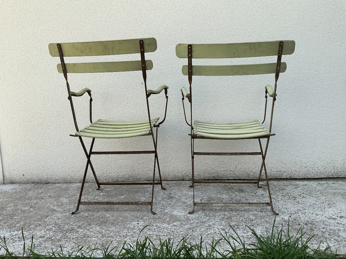 Paire de fauteuils de jardin pliable en fer et bois vers 1950 ( par paire ou par  lot de 9)-photo-4