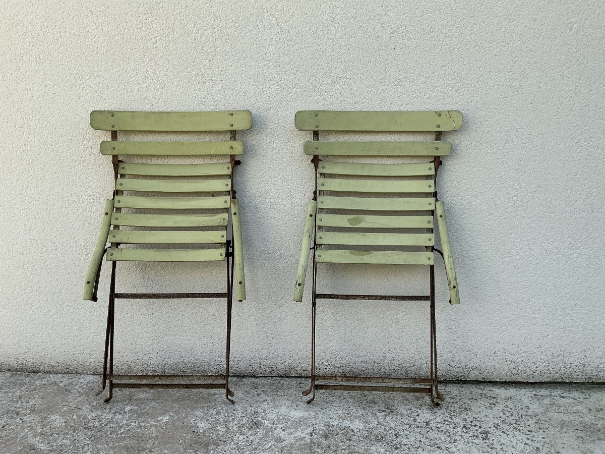 Paire de fauteuils de jardin pliable en fer et bois vers 1950 ( par paire ou par  lot de 9)-photo-1