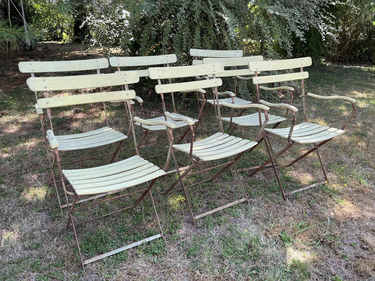Paire de fauteuils de jardin pliable en fer et bois vers 1950 ( par paire ou par  lot de 9)-photo-3