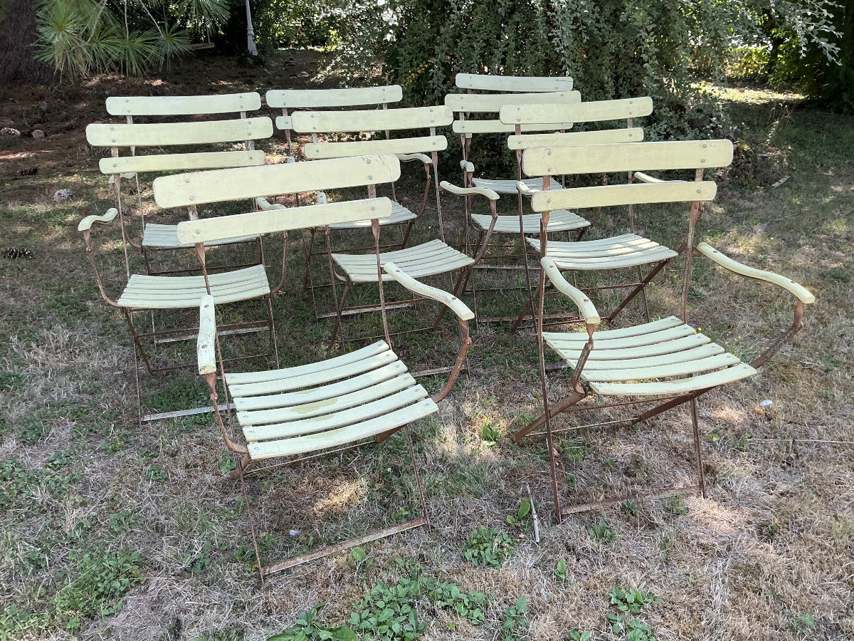 Paire de fauteuils de jardin pliable en fer et bois vers 1950 ( par paire ou par  lot de 9)-photo-5