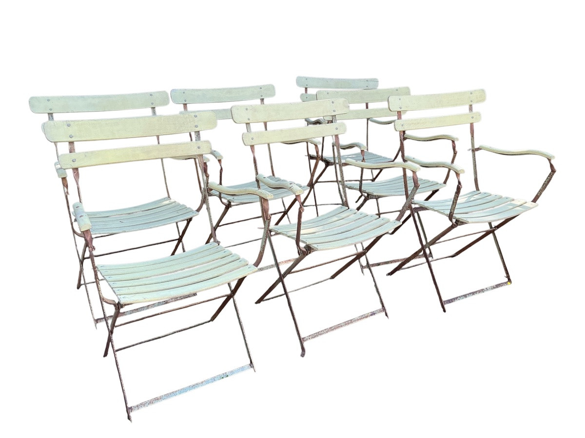 Paire de fauteuils de jardin pliable en fer et bois vers 1950 ( par paire ou par  lot de 9)-photo-8