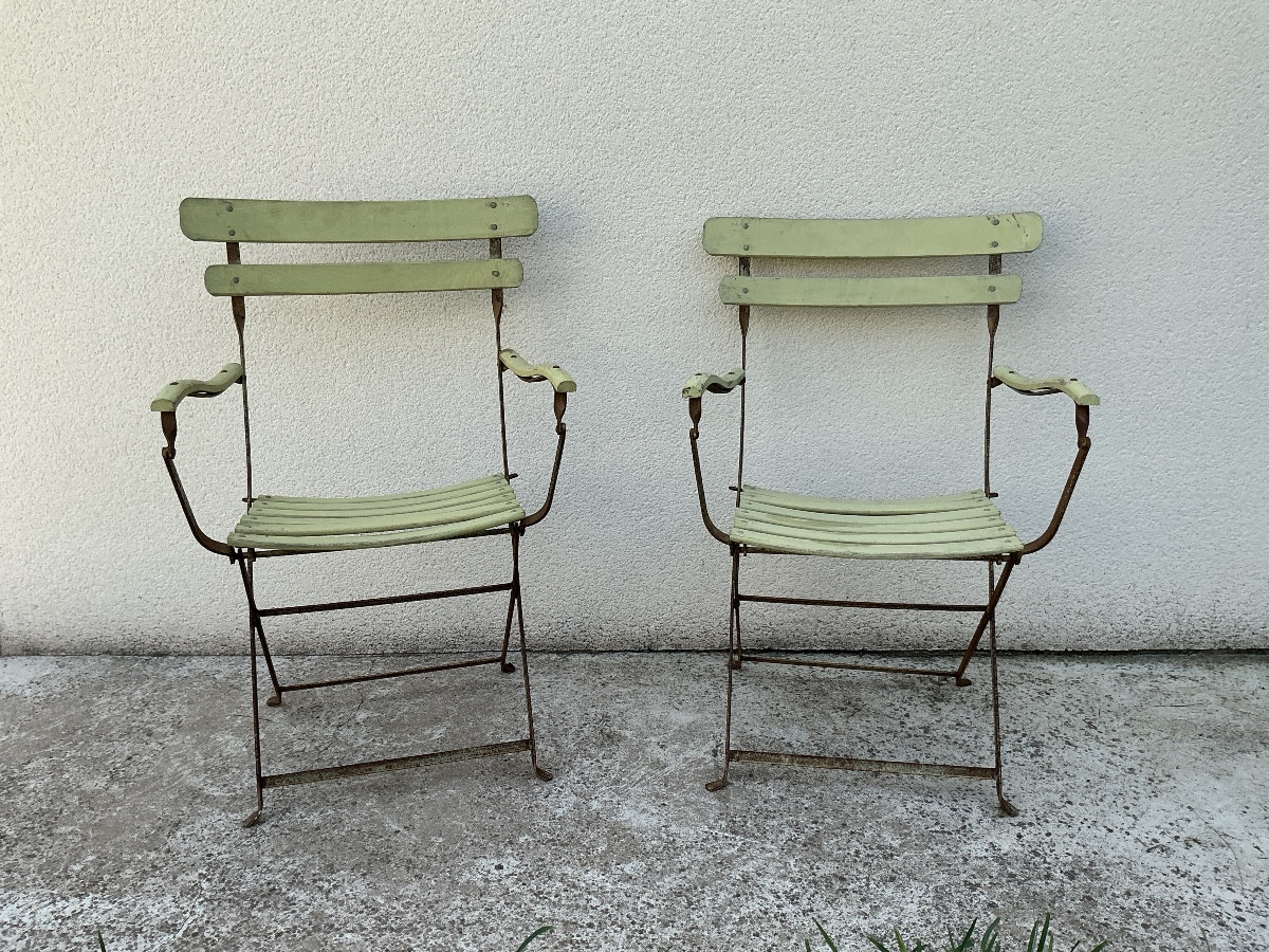 Paire de fauteuils de jardin pliable en fer et bois vers 1950 ( par paire ou par  lot de 9)