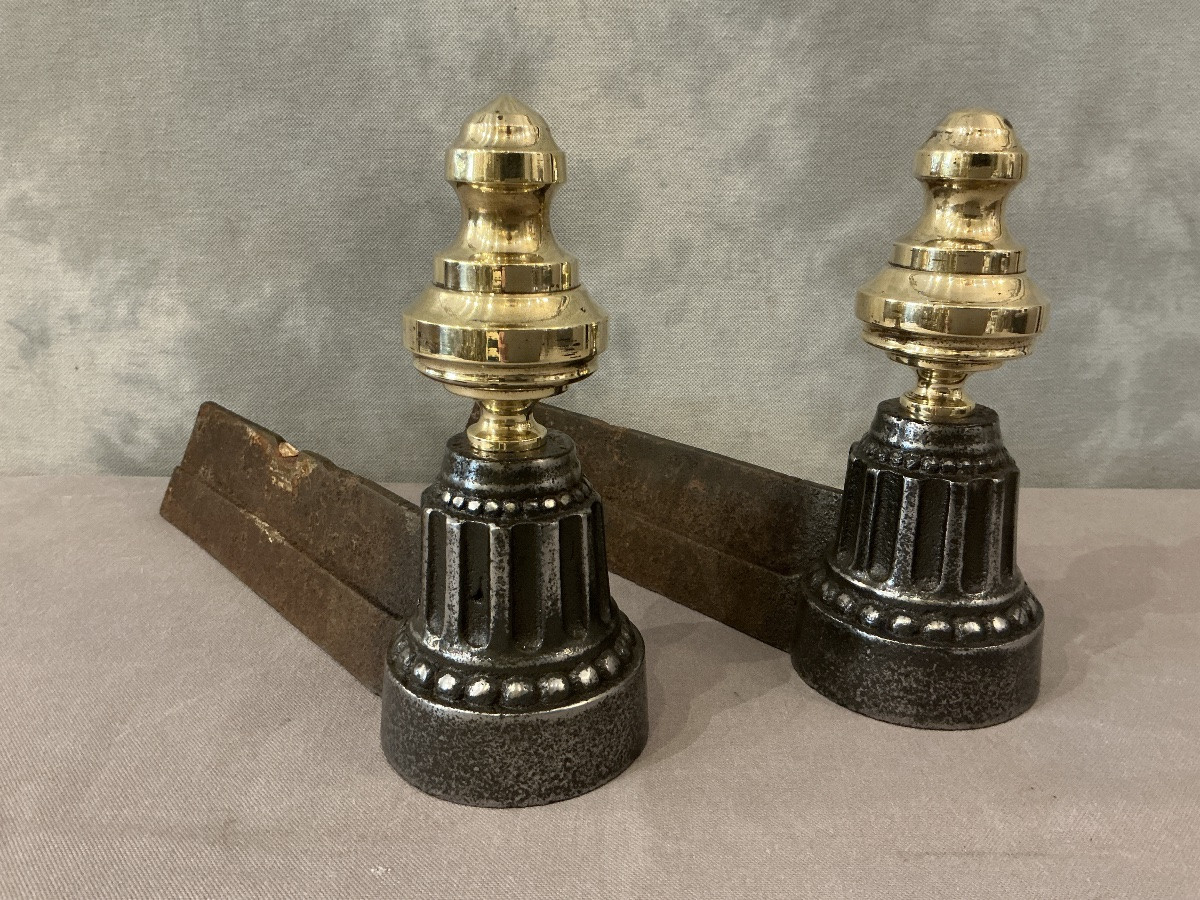 Pair Of Antique Cast Iron And Brass Andirons From The 19th Century -photo-3